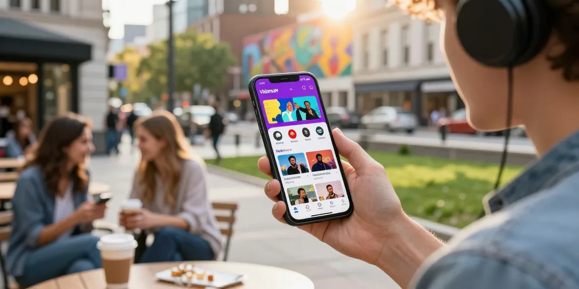 Young adult using Vidmate APK on smartphone in urban setting, vibrant video downloading.