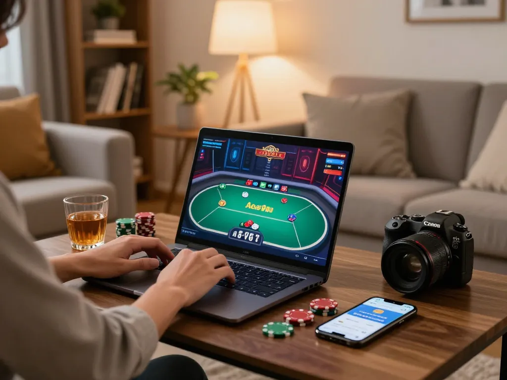 A player enjoying an online poker game on Ace96au in a cozy home setting, highlighting interactive gameplay.