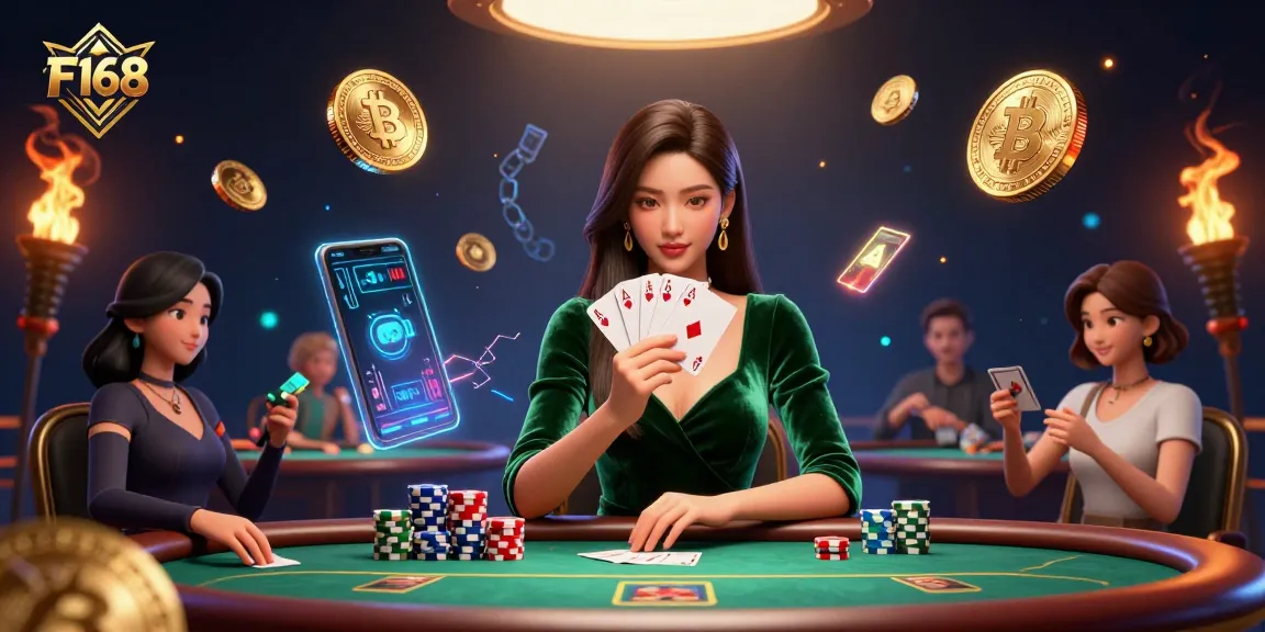 F168 poker player winning with high stakes, showcasing vibrant casino elements and cryptocurrency features.