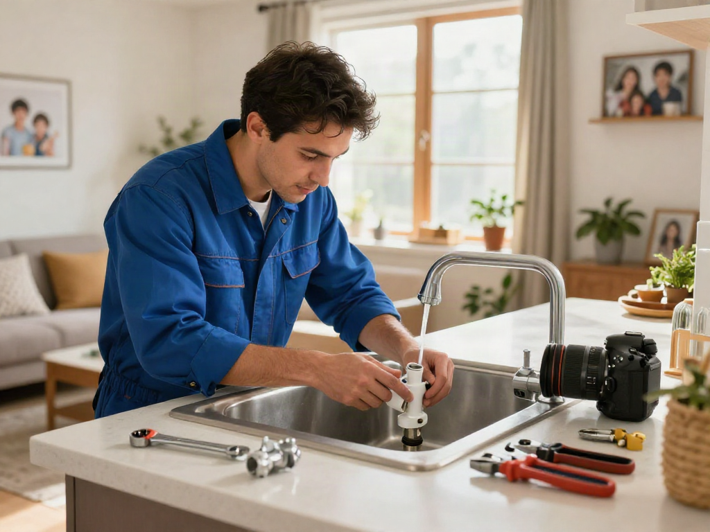 Professional home repair services Des Moines Iowa technician fixing a leaky faucet in a cozy living room setting.