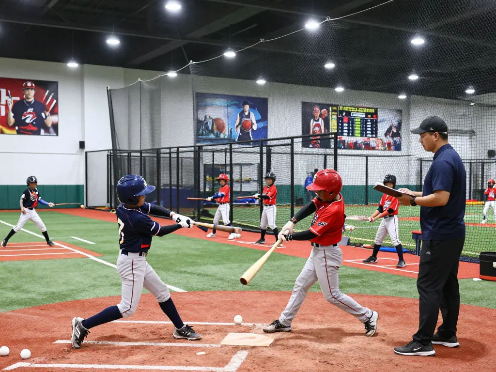 Hitclub youth baseball training session with athletes practicing hitting techniques in a vibrant facility.