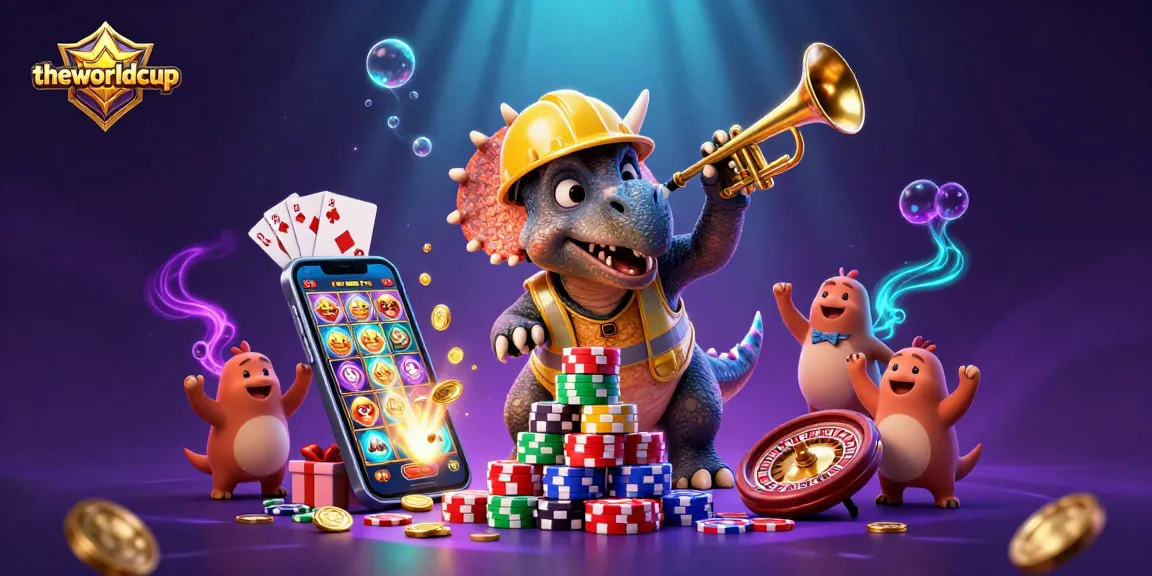 Join the action with theworldcup as a triceratops builds poker chips amidst gaming excitement.