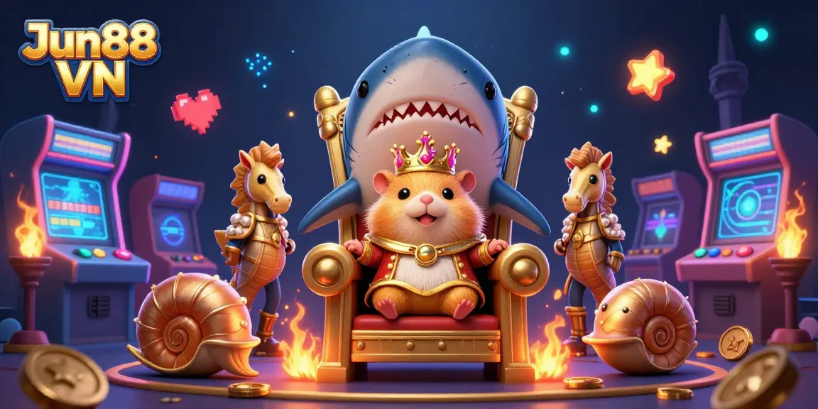 Join the excitement of Jun88 VN with a fierce golden hamster king guiding online gamblers through vibrant gaming adventures.