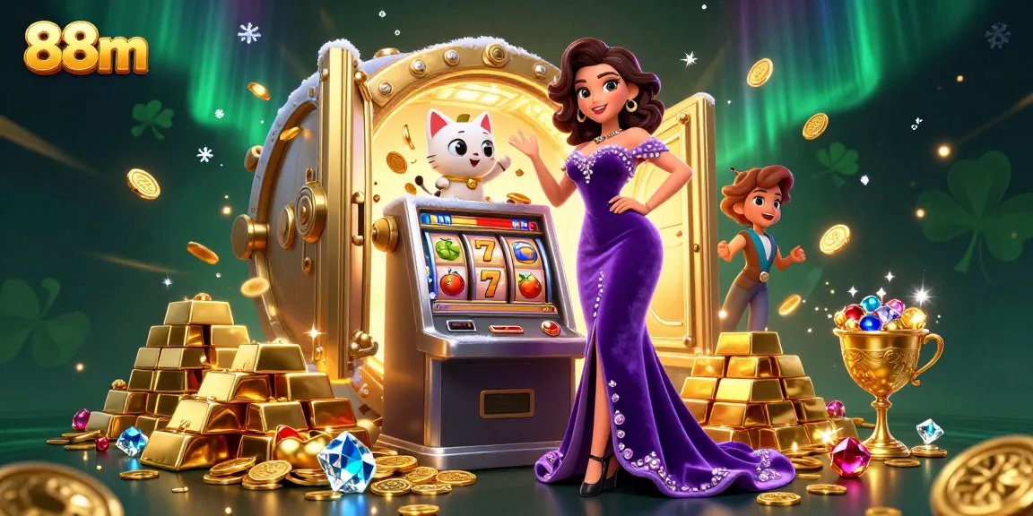 Spin the 88m jackpot slots in a vibrant casino scene with a glamorous character and fortune cat.
