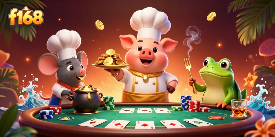 Experience winning strategies at f168 with a cheerful pig chef serving gold coins in a vibrant casino.