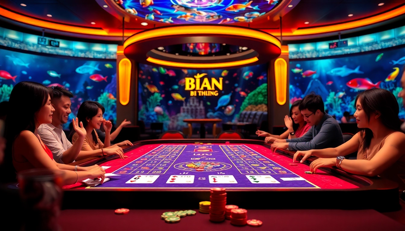 Bắn cá đổi thưởng game table showcasing vibrant graphics and engaged players with a dynamic casino atmosphere.