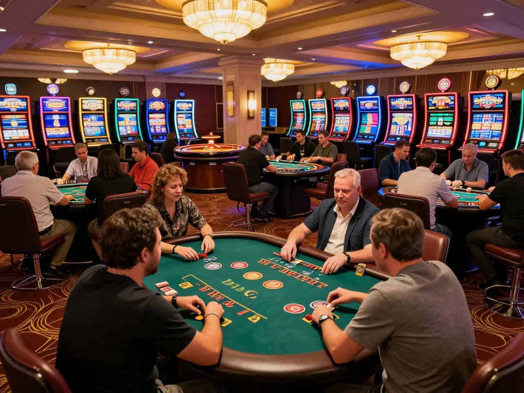 Engaged players making strategic moves at WIN79's lively casino floor filled with vibrant games.