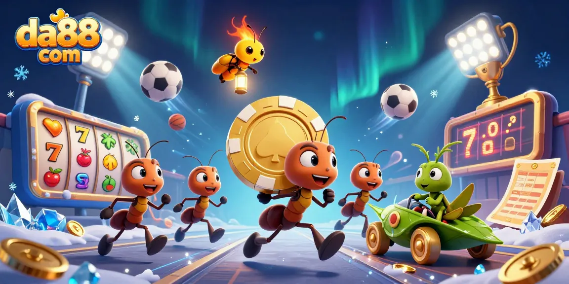 Experience the excitement of da88 com; ants orchestrating a thrilling poker heist amid dynamic casino elements.