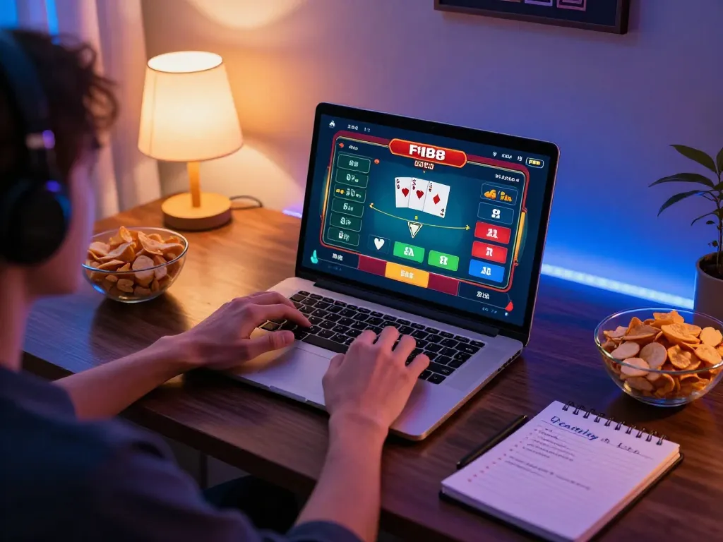 F168 gaming action on a laptop at home, showcasing poker gameplay in an inviting setting.
