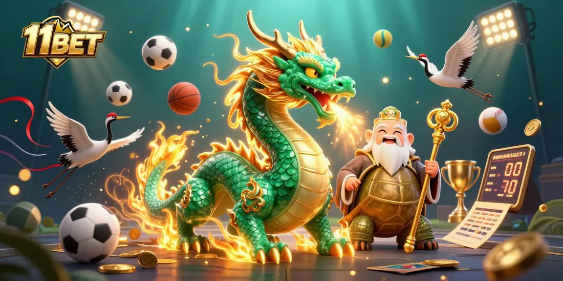 Experience the thrill of 11 BET with a dynamic 3D illustration showcasing sports elements and mythical characters.