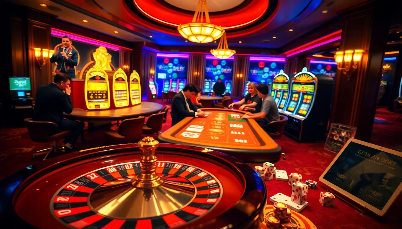 Experience the excitement of a luxurious casino setting with seamless access to thabet không bị chặn, featuring players engaging in thrilling games and vibrant slots.