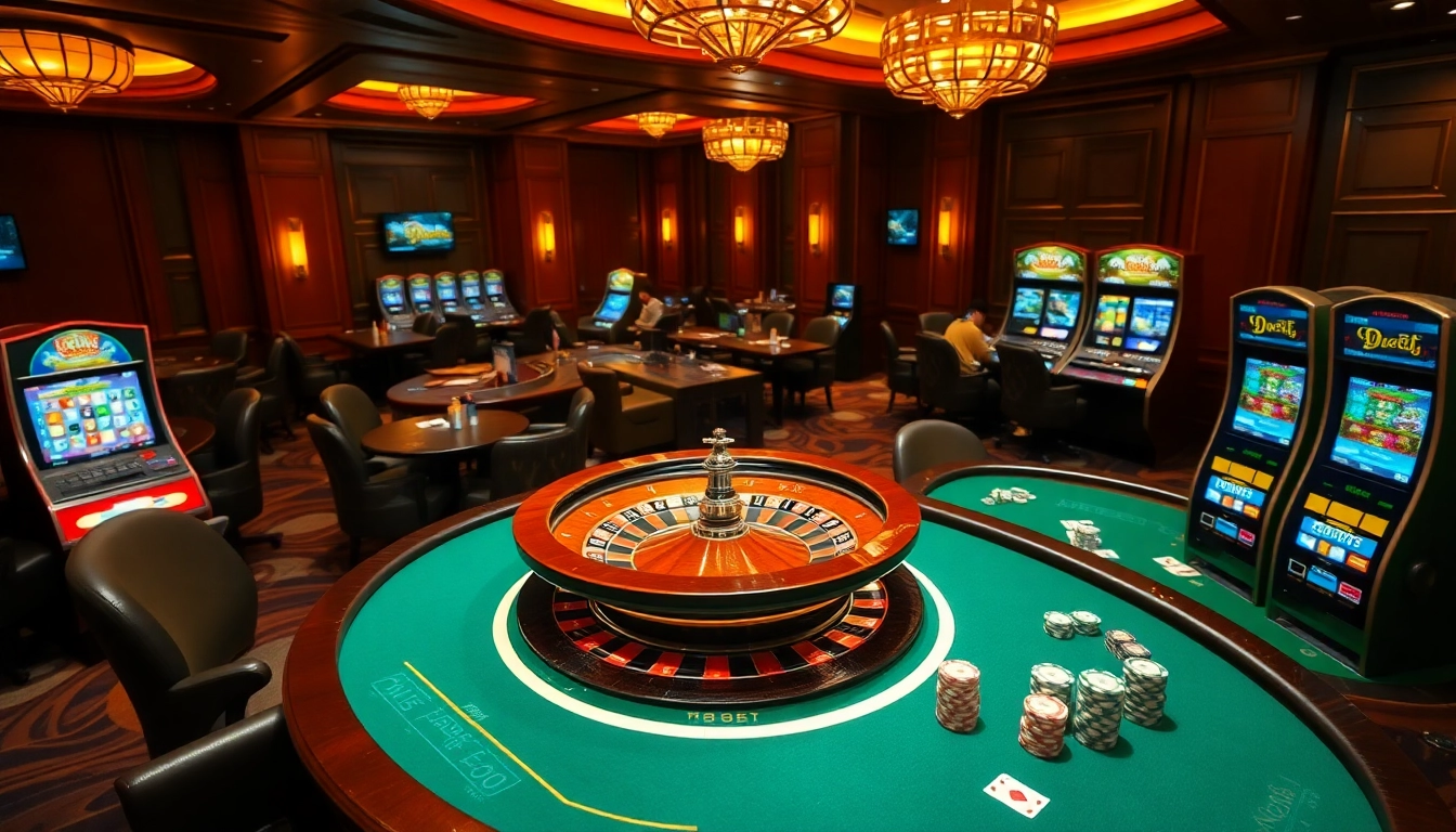 Engaging players in the excitement of De bet at a vibrant casino lounge filled with roulette and cards.