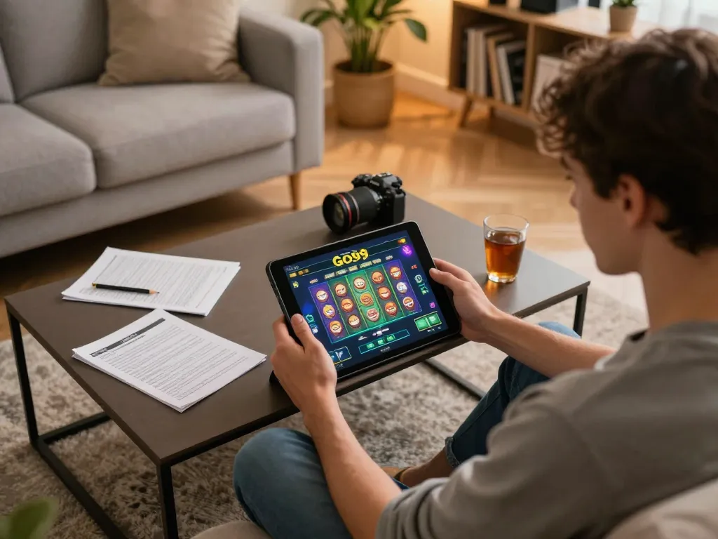 Engaging in strategic gameplay on the Go99 online gaming platform with a cozy home setting.