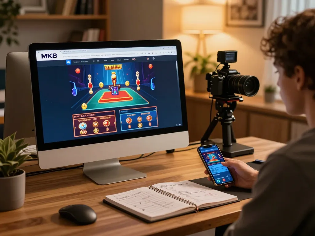 Playing MK8 online with strategy notes and gaming setup for a complete gambling experience.