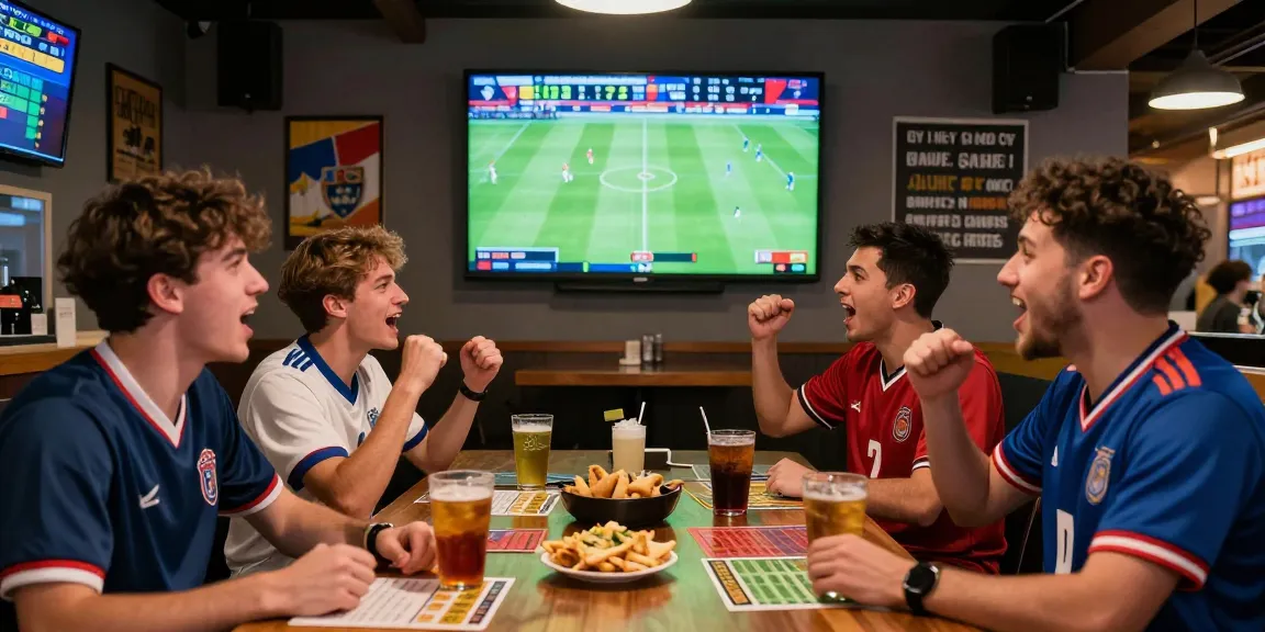 Group enjoying live sports with betting insights from soikeonhacai.com.co in a lively bar.