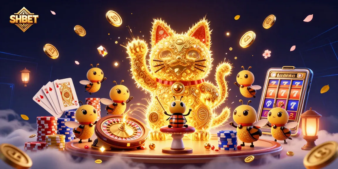 Experience the thrill of SHBET with a dazzling illustration featuring a lucky cat and cascading casino elements.