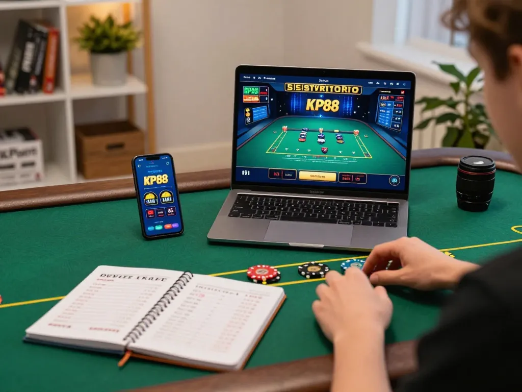 Player engaging in live dealer blackjack at KP88's online casino setup, showcasing strategic gameplay.