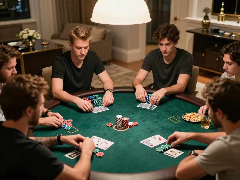 Engaged players strategizing during a high-stakes poker game at home, highlighting 789win vom casino experience.