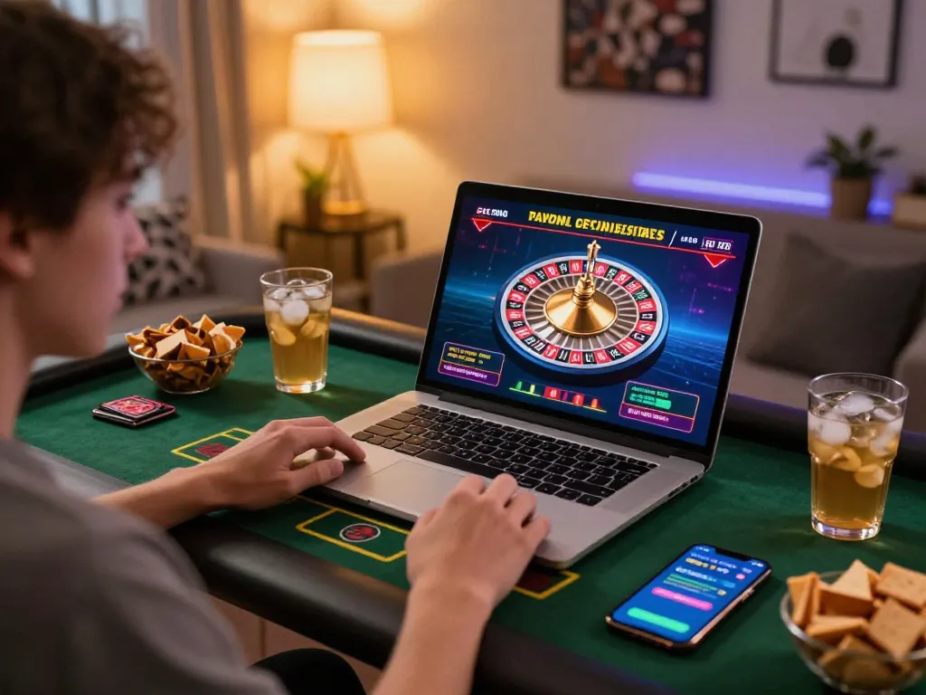 KP88 player engaging in live dealer casino game on a laptop, showcasing excitement in a cozy home setting.