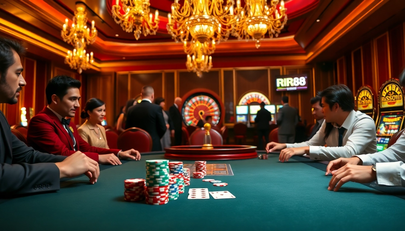 High-stakes poker game at RR88 casino with vibrant decor and luxurious atmosphere.