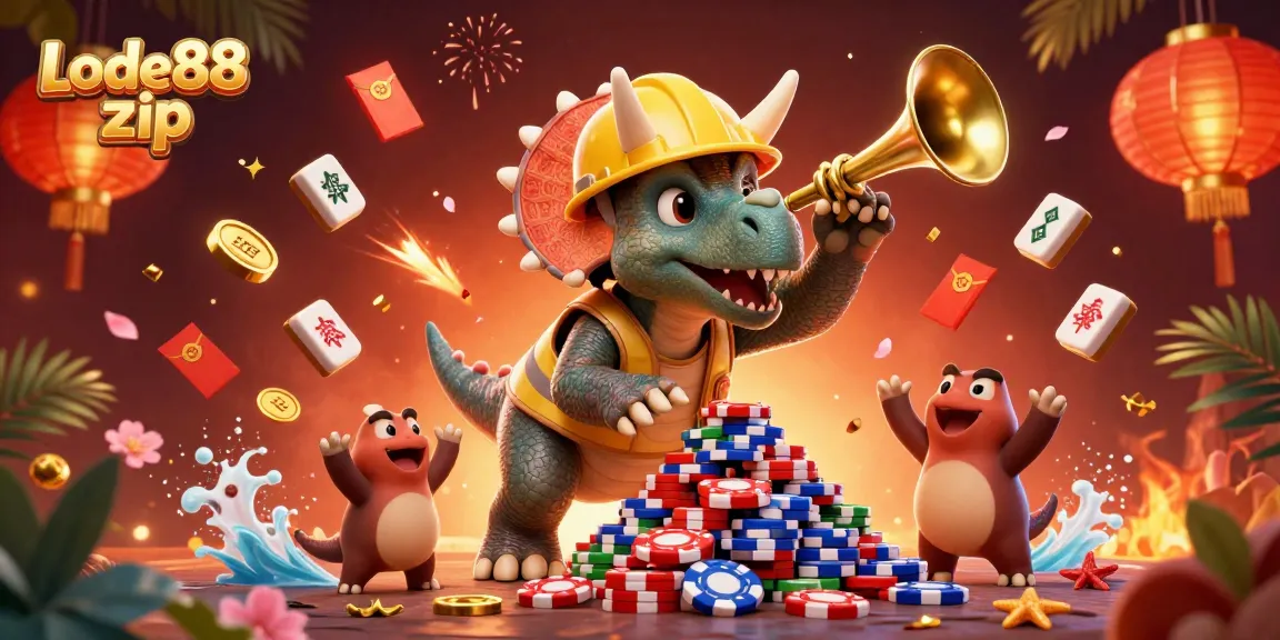 Engage with Lode88 zip by witnessing a vibrant gaming celebration with exciting characters and casino elements.