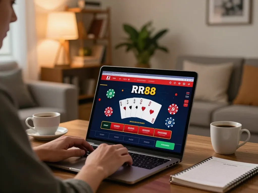 Engaging online gaming with RR88 casino interface displayed on laptop, cozy home atmosphere