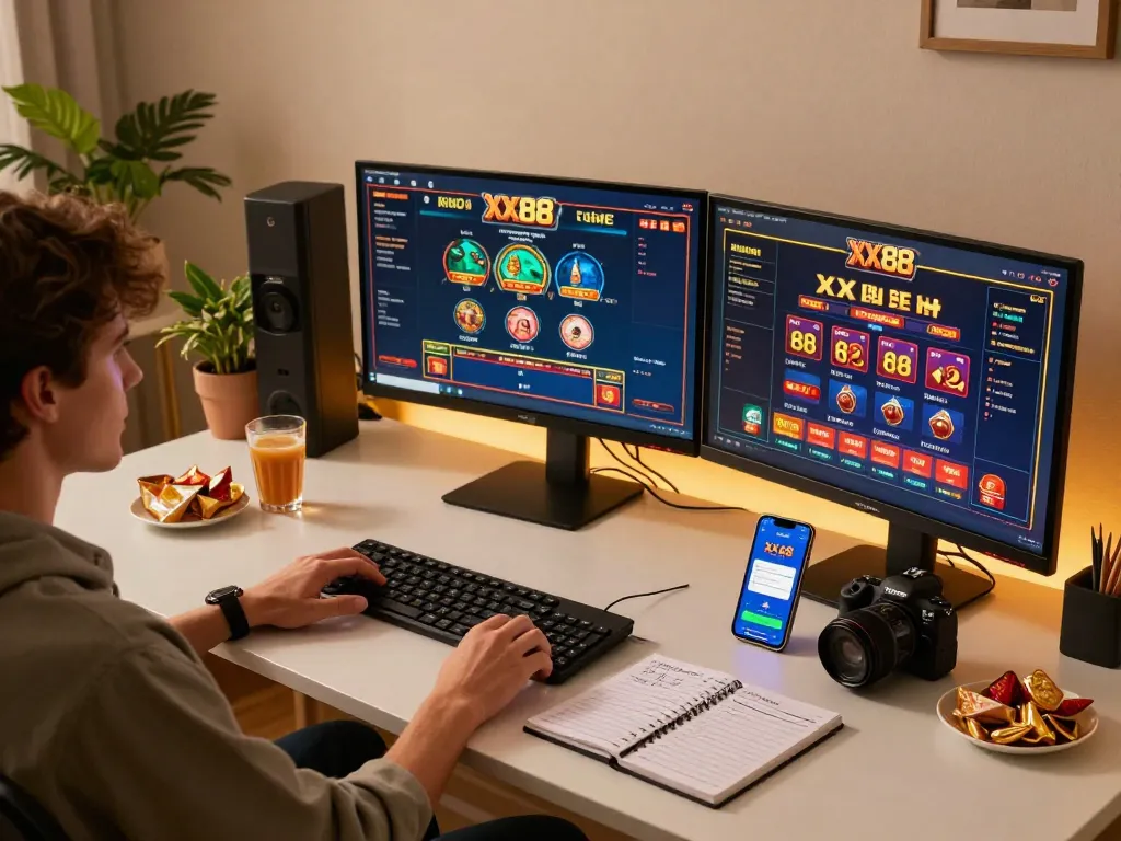 Engaging online gaming scene with XX 88 display, showcasing strategic betting at home.