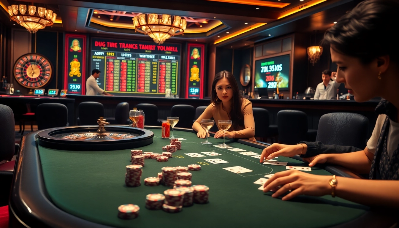 Experience the thrill of strategic betting with keonhacai.deal in this luxurious casino scene featuring engaged gamblers.