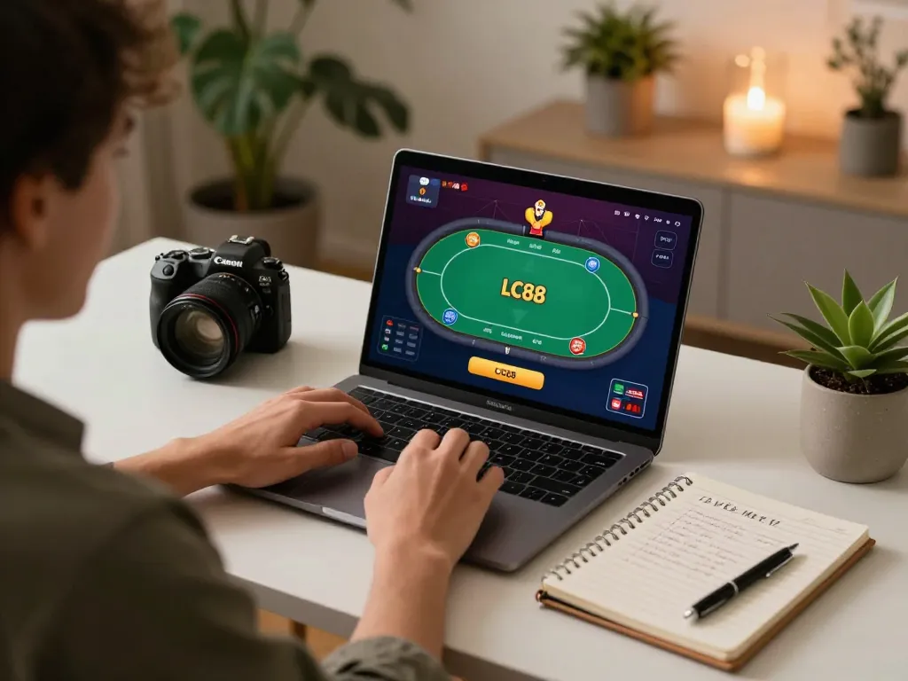 Player engaging in LC88 online gaming with poker strategies at a modern home setup.
