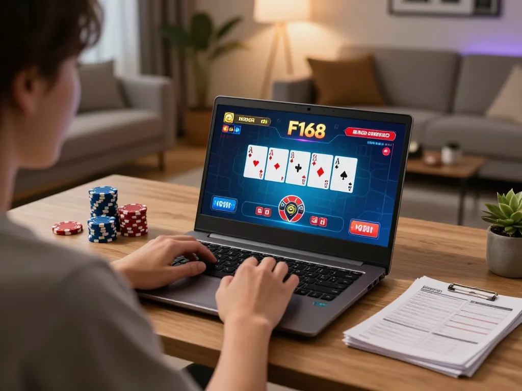 Player engaging in online poker gameplay on F168, illustrating strategic betting and comfortable home setting.