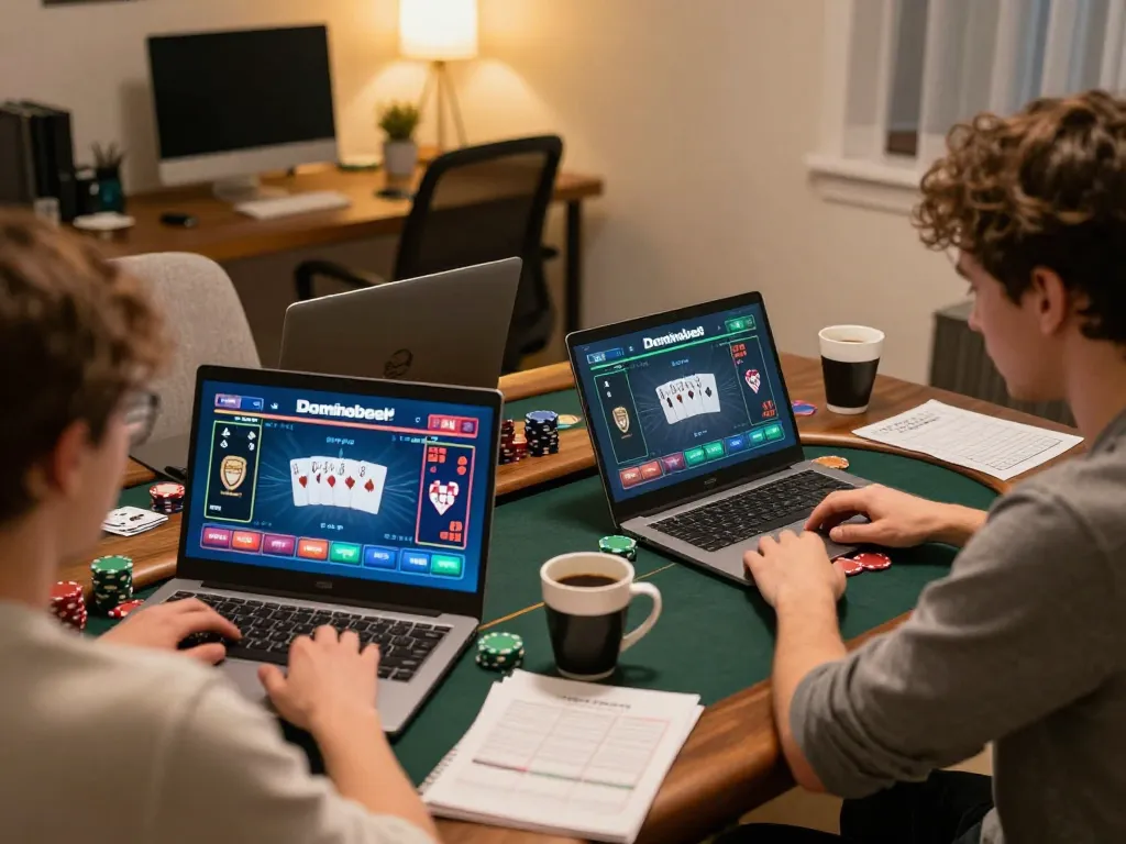 Engaging gameplay of Dominobet IDN Poker displayed on laptop amidst strategic notes and coffee.