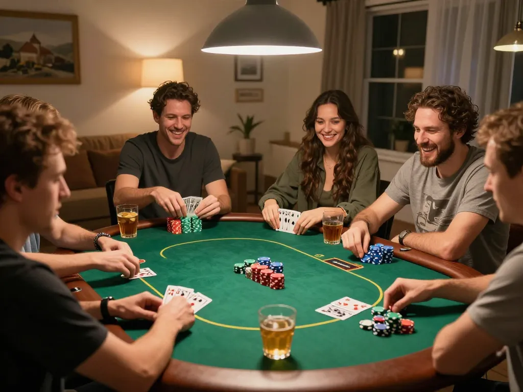 House friends enjoy a poker night, showcasing strategic gameplay and excitement at Nhà cái FC88.