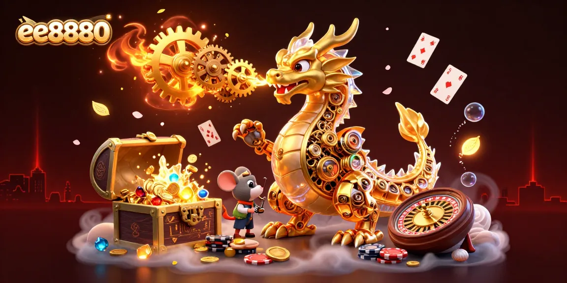 Experience ee8880 with a dynamic illustration of a golden dragon amidst glowing gems and casino elements.