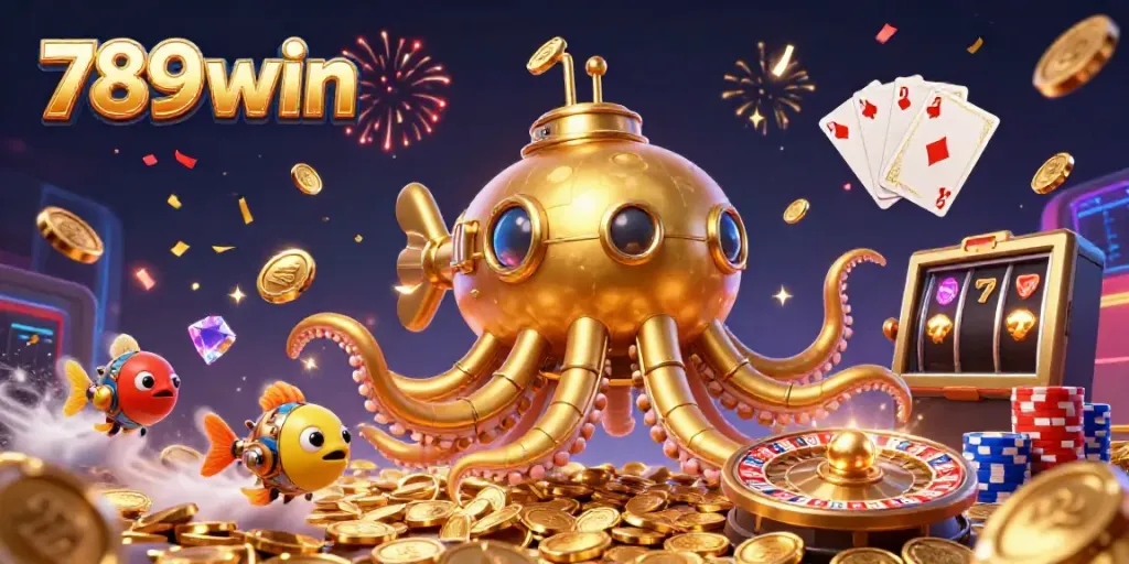 Experience the thrill of 789win through a vibrant 3D illustration showcasing a golden kraken submarine amidst a cascade of coins and jewels.