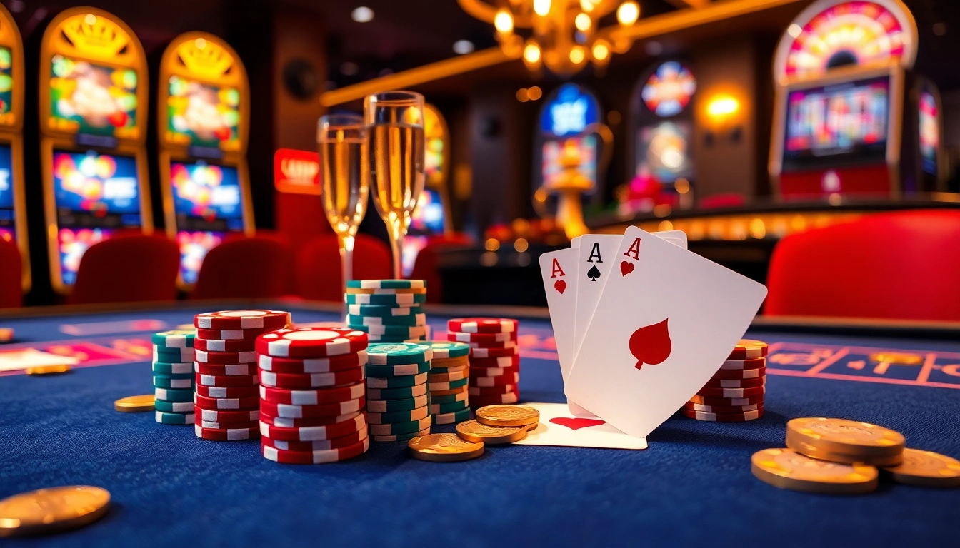 Engage with the thrilling atmosphere of Trang Chủ QQ88, featuring a vibrant casino table with poker chips and cards.