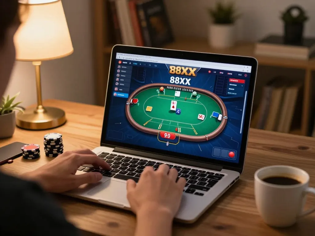 Engaged player using 88xx casino platform on laptop in cozy home setting.