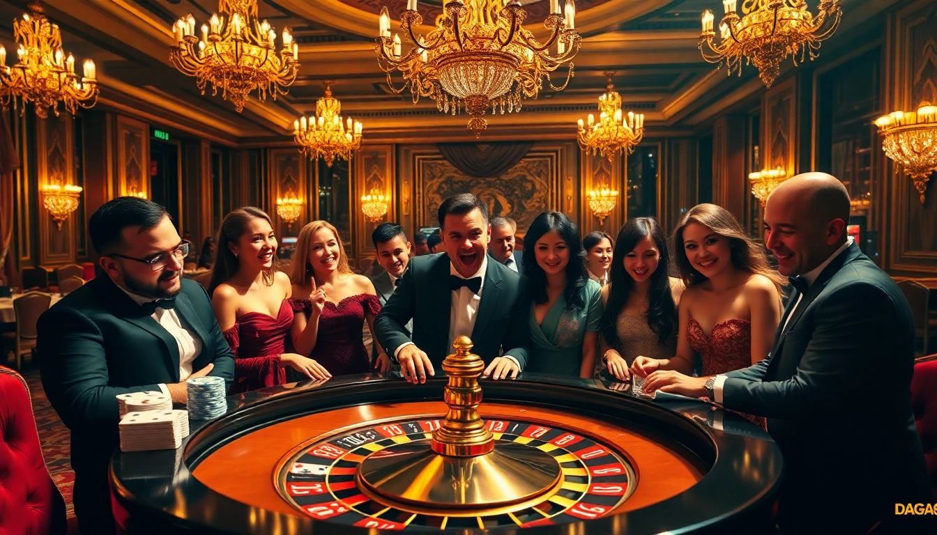 DAGA88 players enjoying a high-stakes poker game at a luxurious table, evoking excitement and elegance.