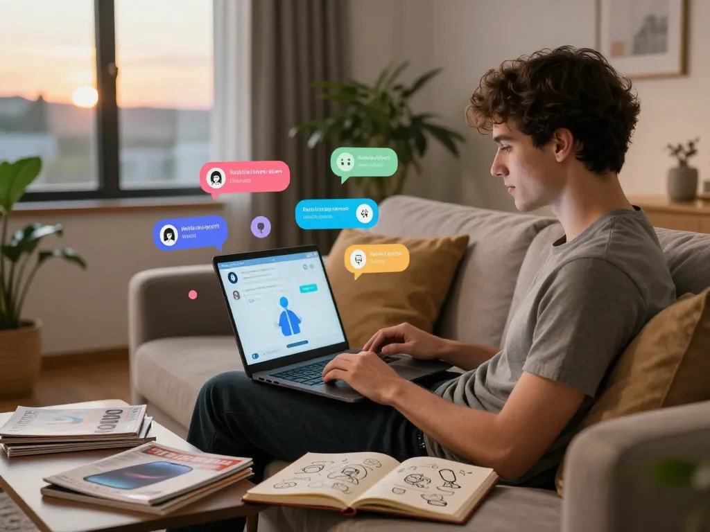 Interactive scene of a young man engaging with an AI chat porn character in a cozy living room.