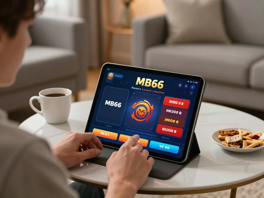 Engaging with MB66 online betting on a tablet in a cozy home setting, highlighting strategic gameplay.