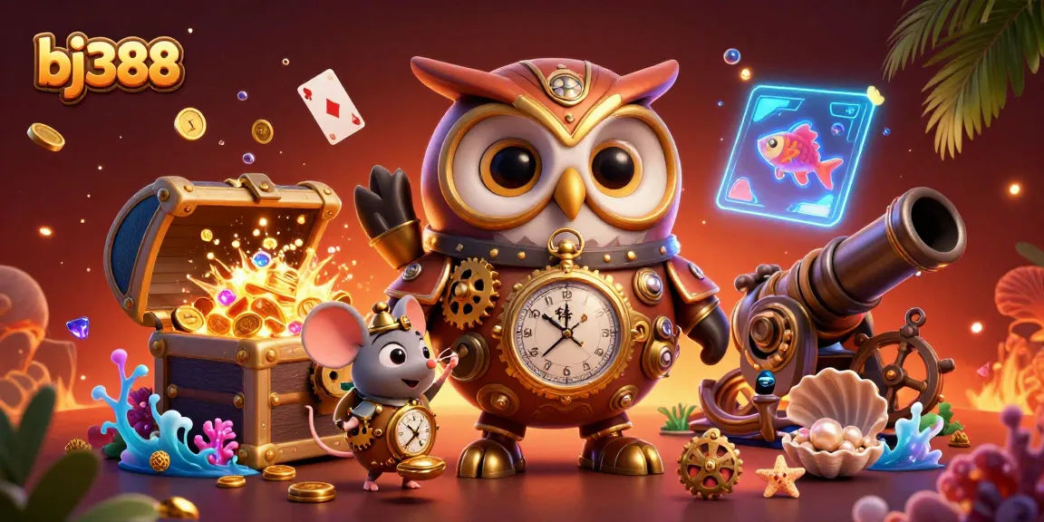 Engage in thrilling games at BJ388 showcasing the owl and mouse amidst vibrant casino elements.