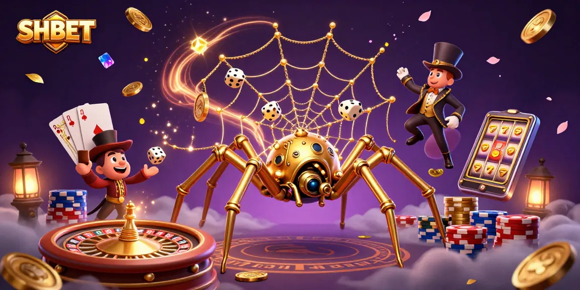 Engage with SHBET's thrilling casino scene featuring a golden spider, whimsical coins, and vibrant poker elements.