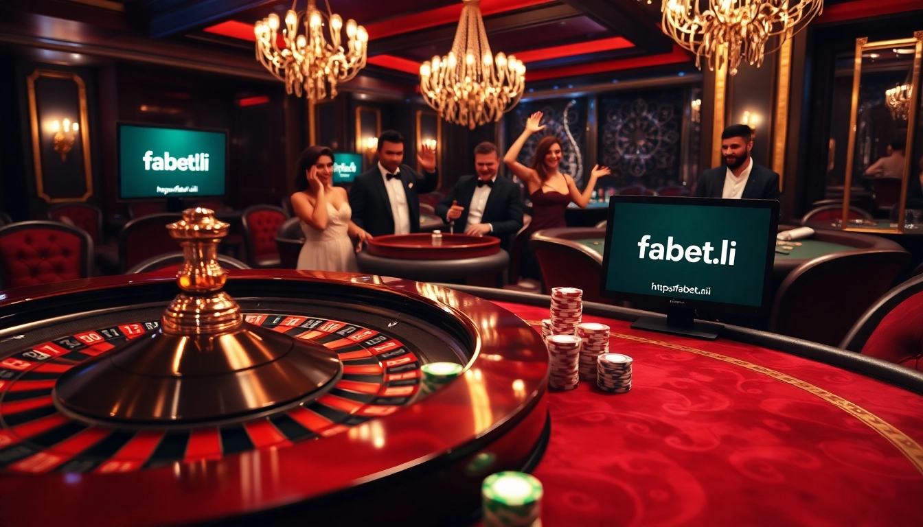 A casino scene at https://fabet.li/ showcasing luxury with enthusiastic players at a roulette table and poker chips.