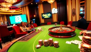 Engaging gaming atmosphere with ĐĂNG KÝ B8 prominently displayed at a luxury casino.