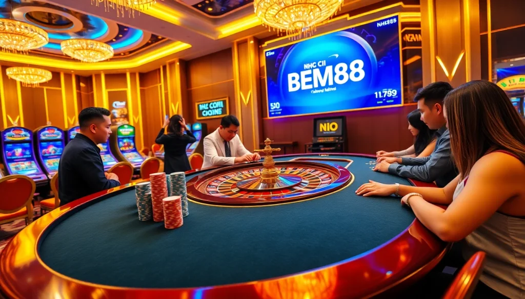 Experience the excitement of NHÀ CÁI BEM88 in a luxurious casino setting with vibrant games and interactions.