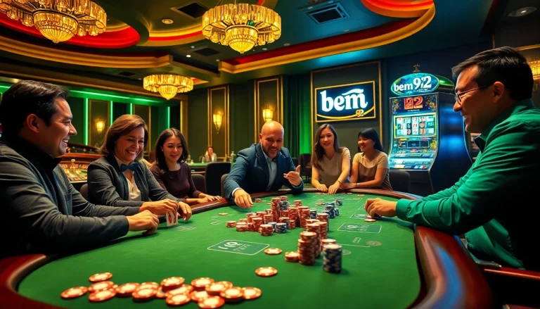 Players engaged in a thrilling poker game at a casino table featuring bem 92 signage, highlighting excitement and strategy.