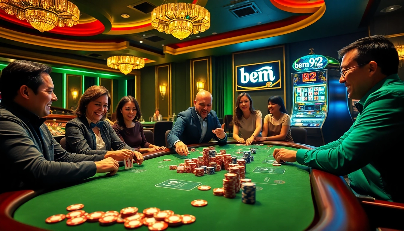 Players engaged in a thrilling poker game at a casino table featuring bem 92 signage, highlighting excitement and strategy.