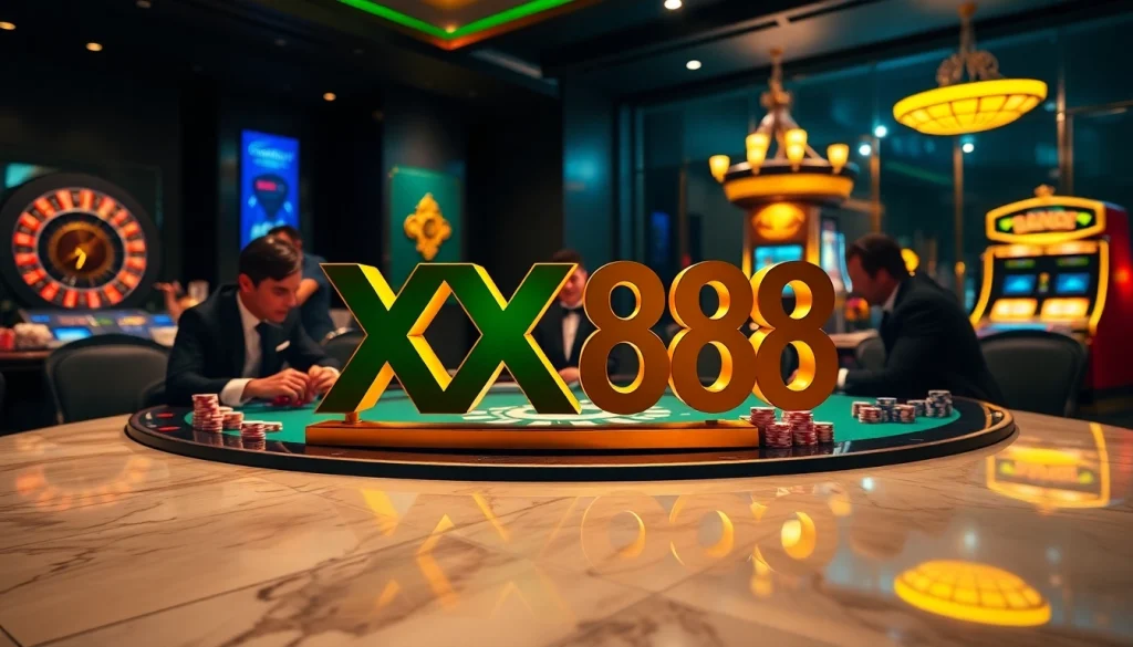 Exciting poker game at XX88 casino with luxury elements and vibrant atmosphere