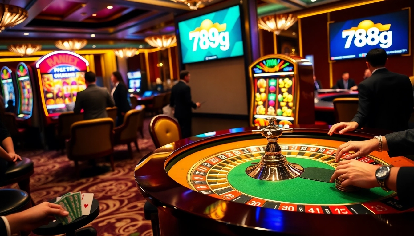 Apostadores realizando apuestas en una mesa de casino lujosa con la marca 789g.