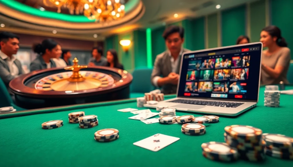 Experience thrilling action at https://gg88.work/ with vibrant casino scenes featuring poker and roulette, evoking a luxurious atmosphere.