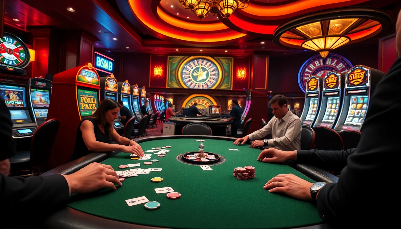 Exciting casino gaming atmosphere featuring F168 poker table with colorful chips and intense players.